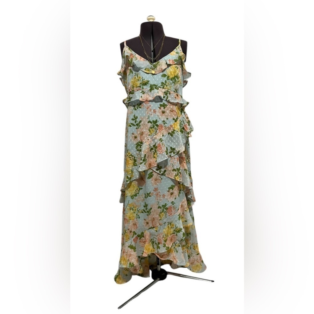 By The River Blossom In Time Blue Multi Floral Ruffle Tiered Midi Dress Size L - Picture 7 of 14